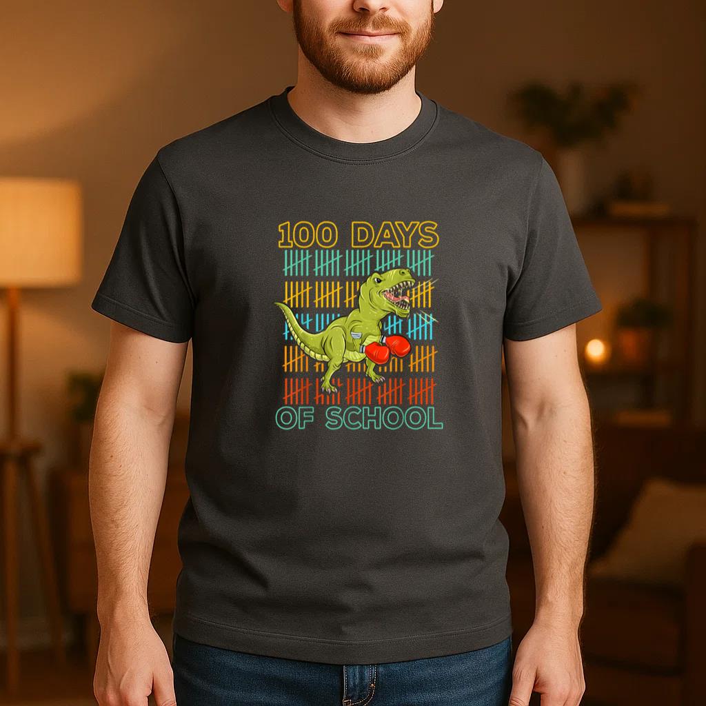100 Days Of School T Rex Dino Boxing T-Shirt - Image 4