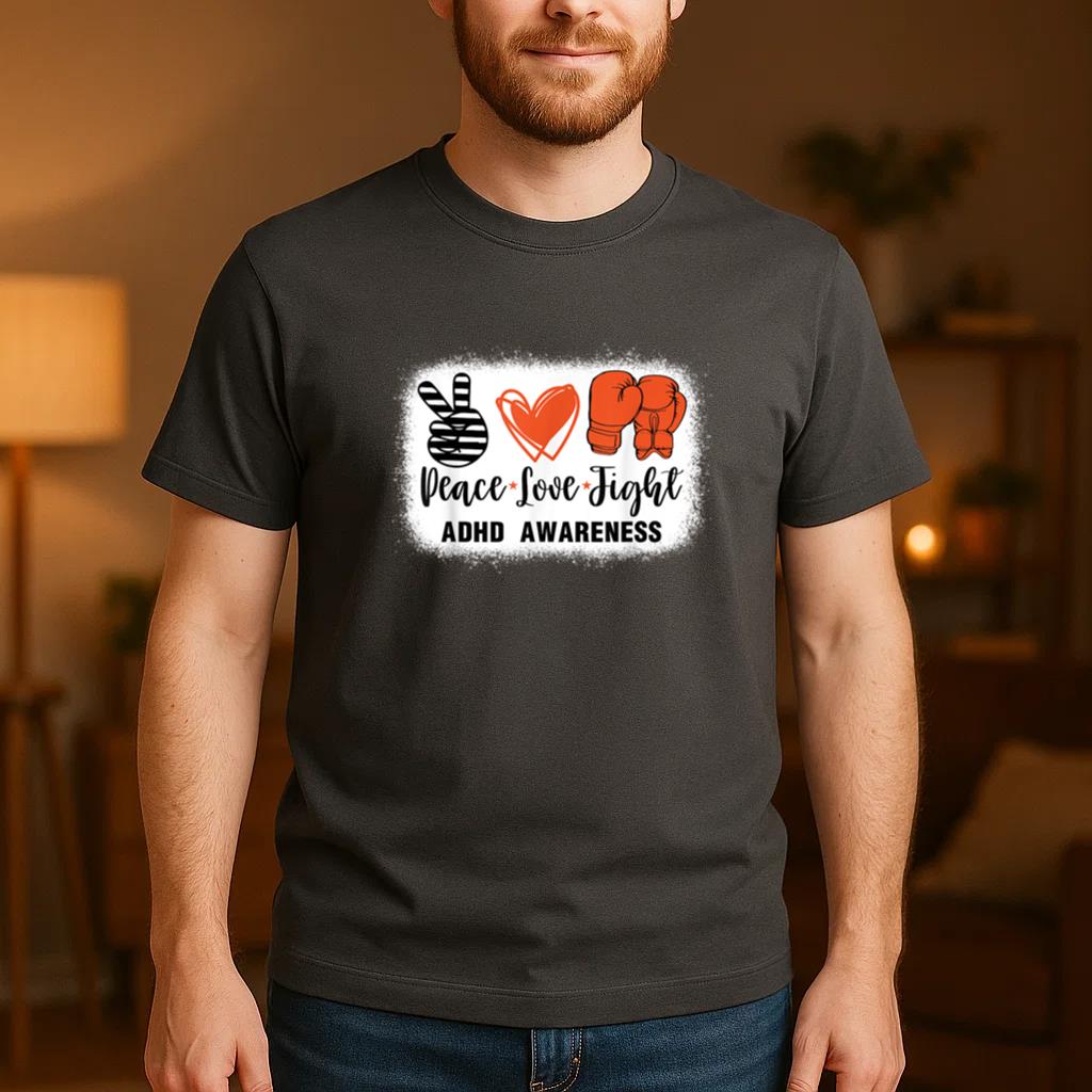 ADHD Awareness Peace Love Boxing T-Shirt - Image 4