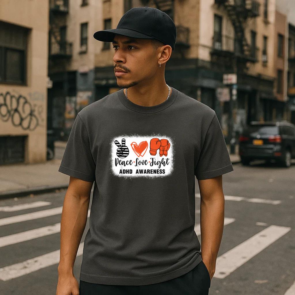 ADHD Awareness Peace Love Boxing T-Shirt - Image 2