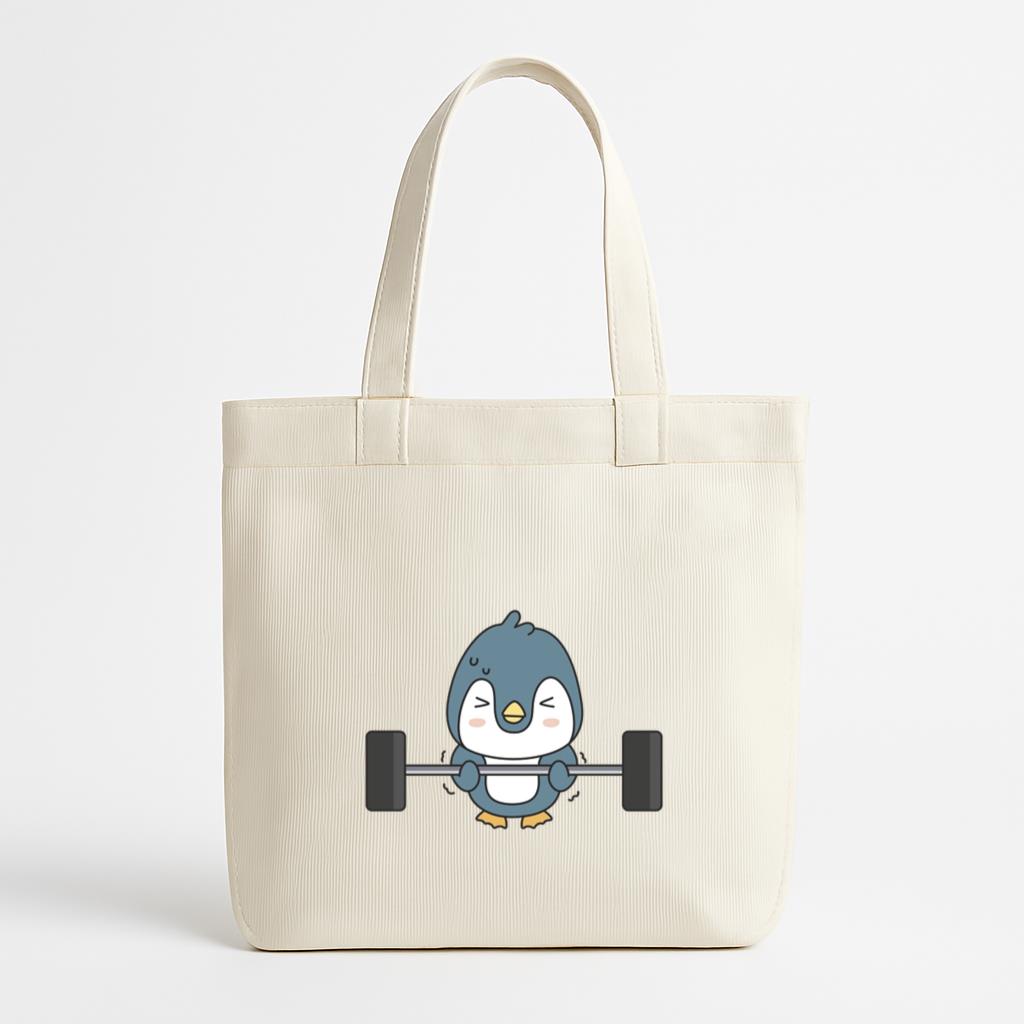 Cartoon Penguin Lifting A Barbell Canvas Tote Bag