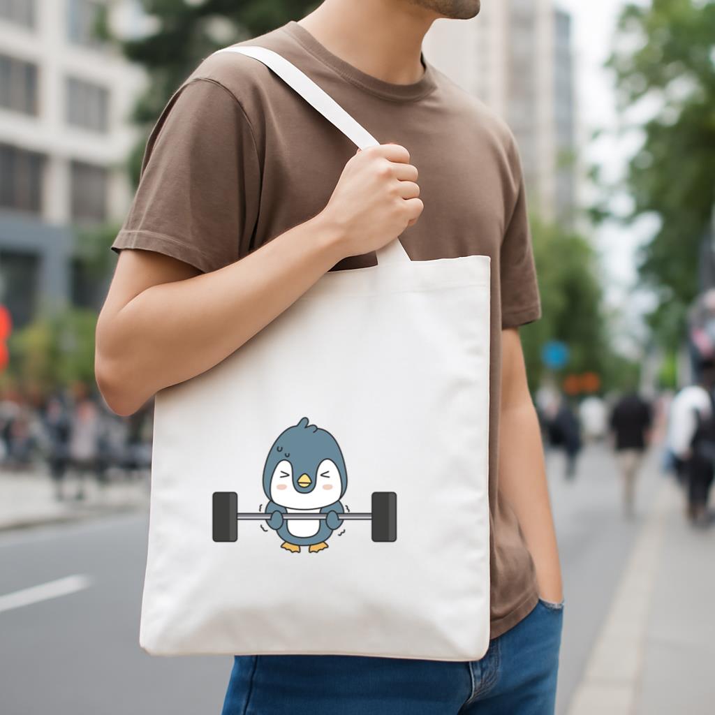Cartoon Penguin Lifting A Barbell Canvas Tote Bag - Image 4