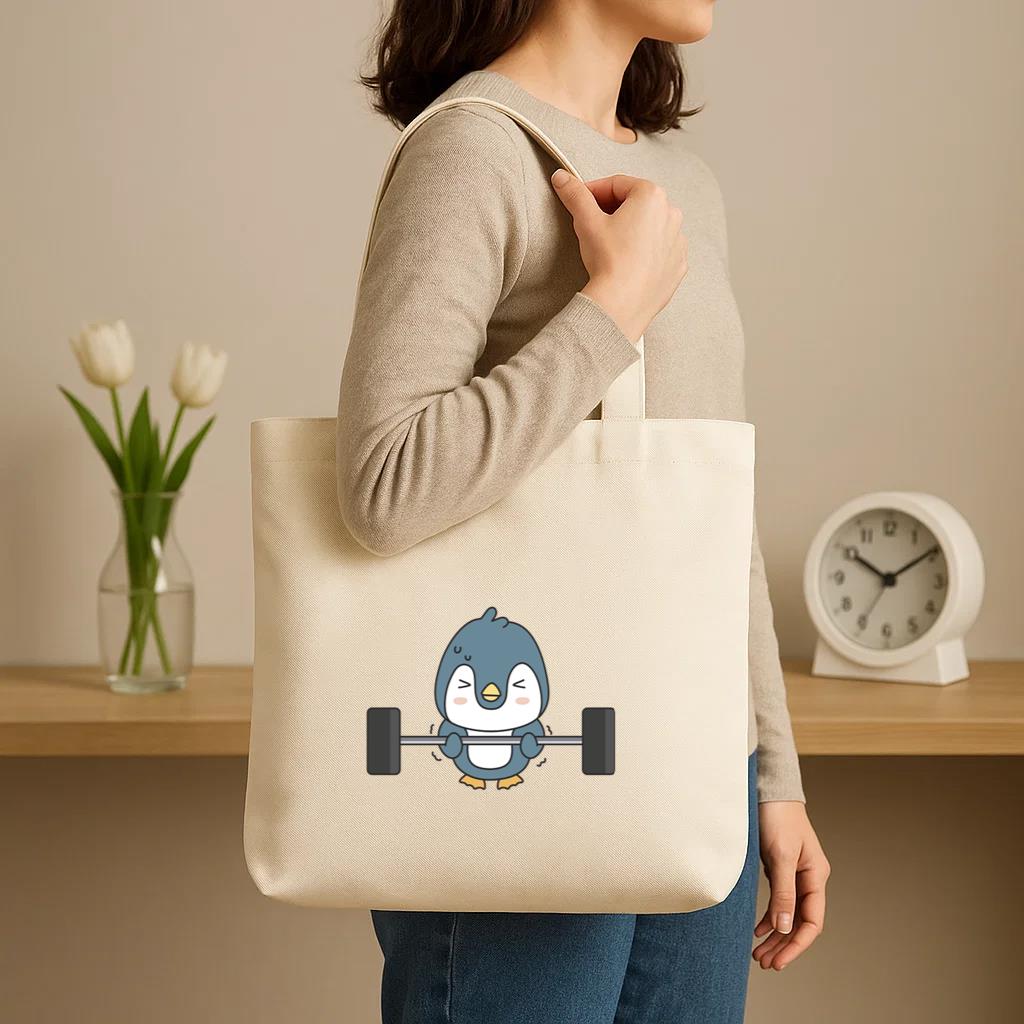 Cartoon Penguin Lifting A Barbell Canvas Tote Bag - Image 3